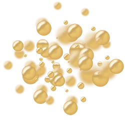 Translucent golden bubbles floating against a white background.